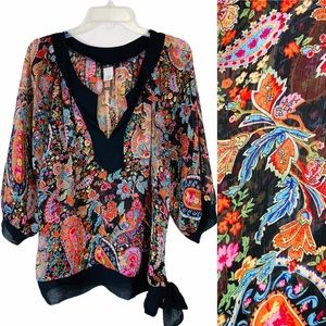 EUC Espressa Sheer Paisley Print Peasant Top